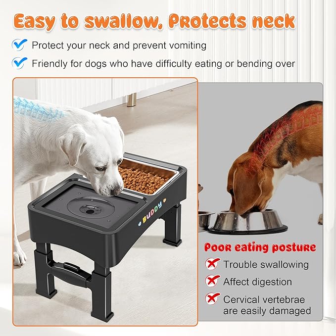 Decflow 2-in-1 Elevated Dog Bowls, 4 Height Adjustable Raised Dog Bowls with Stainless Steel & No Spill Water Bowl, DIY Stickers Foldable Pet Bowl for Medium Large Dogs(Not Included Slow Food Bowl)