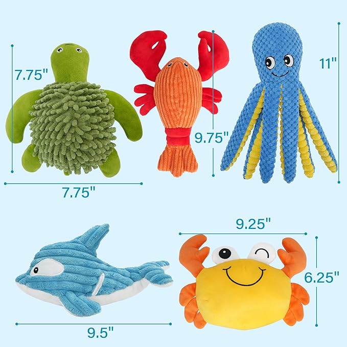 Prime Pets Dog Toys, 5 Pack, Plush Dog Squeaky Toys, Assortment Bundle Ocean Animal Pet Toy for Small Medium Large Dogs, Stuffed Puppy Chew Toy, Doggy Birthday Gift