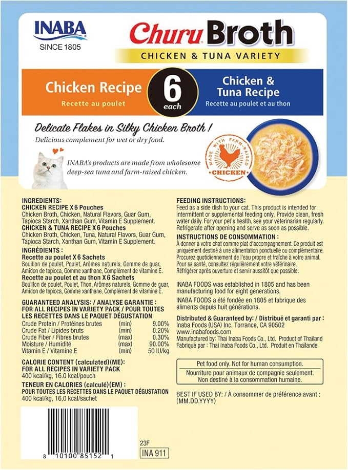 INABA Churu Broth for Cats, Side Dish Pouch, 1.4 Ounces per Pouch, 12 Pouches, Chicken and Tuna Variety