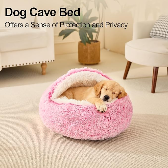 Calming Dog Beds with Hooded Cat Cave Cover - Removable, Washable Round Beds for Small to Medium Pets, Anti-Slip Faux Fur Fluffy Cover for Improved Sleep - Fits up to 15/25 lbs (Pink, M)