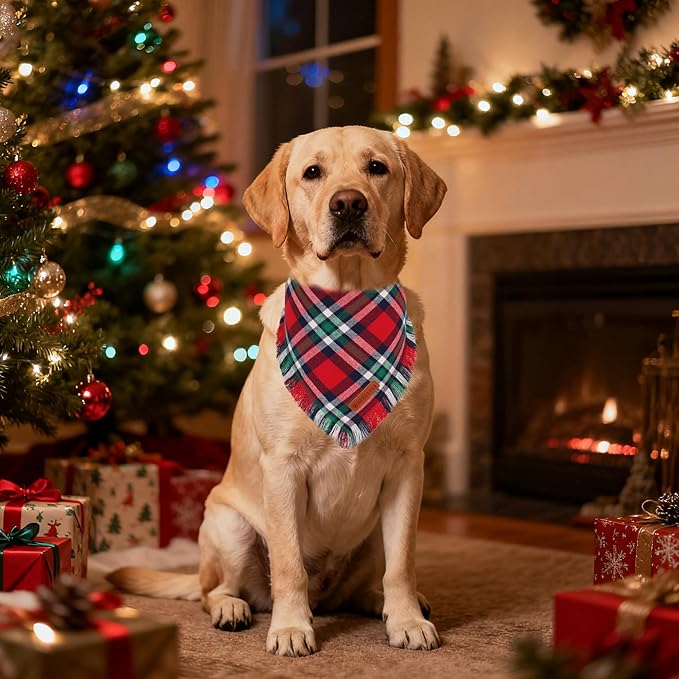 ADOGGYGO Christmas Dog Bandanas with Tassels, Festive Red Green Plaid Xmas Scarf Bib, Soft Cotton Fabric, Pet Christmas Bandanas for Medium Large Dogs (Large)