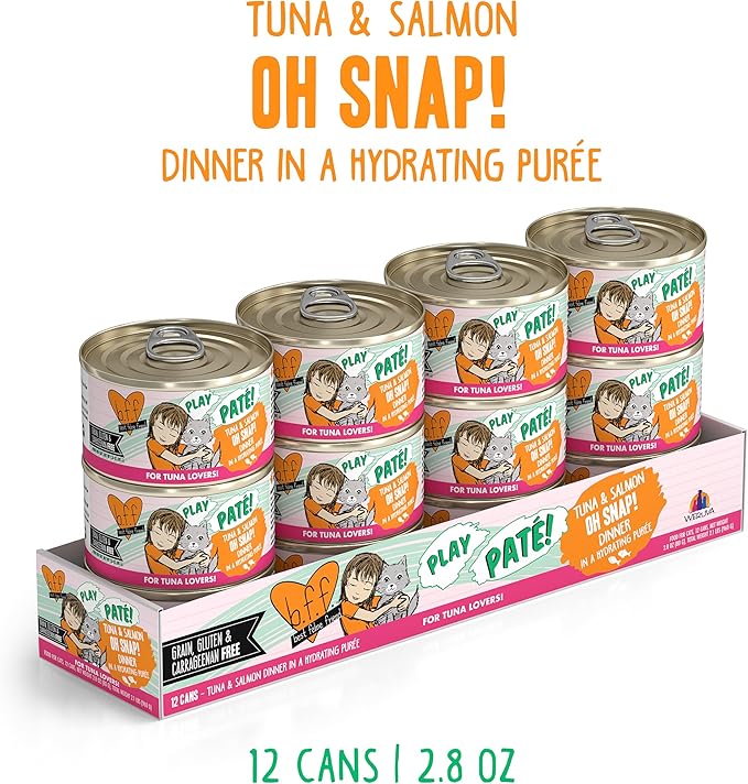Weruva B.F.F. Play - Best Feline Friend Paté Lovers, Aw Yeah!, Tuna & Salmon Oh Snap! with Tuna & Salmon, 2.8oz Can (Pack of 12)