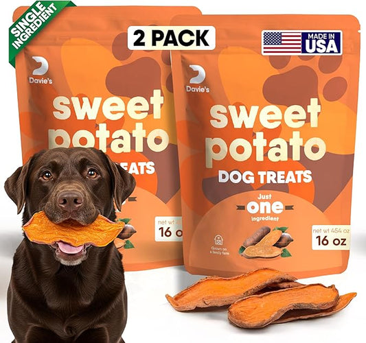 Davie's Sweet Potato Dog Treats - Healthy, Natural, Low Fat Chews Made in USA - 1 lb Bag, Pack of 2