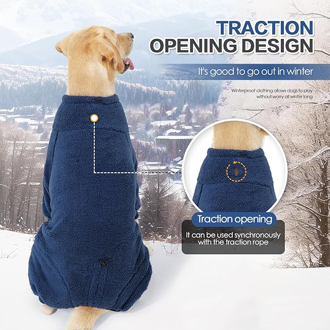 Winter Coat - Warm Fleece Dog Jacket, Windproof Pullover Jumpsuit, Full Body Pajamas Onesie, Cold Weather Clothes for Medium Large Dogs (3Xlarge, Navy Blue)