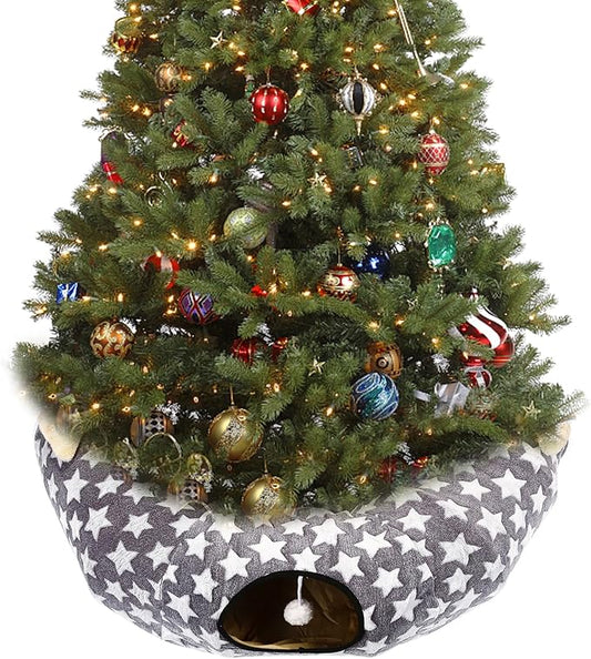 LUCKITTY Large Cat Tunnel Bed Under Christmas Tree with Fluffy Toy Balls, Small Cushion and Flexible Design- 10 inch Diameter, 3 ft Length- Great for Cats, and Small Dogs, Gray Star Pattern