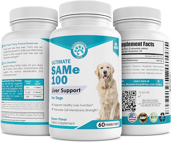 Same 100, Liver Support for Dogs, SAM e Chewable Hepatic Support for Dogs, Promotes Cell Membrane Strength, Bacon Flavor (60 Count)