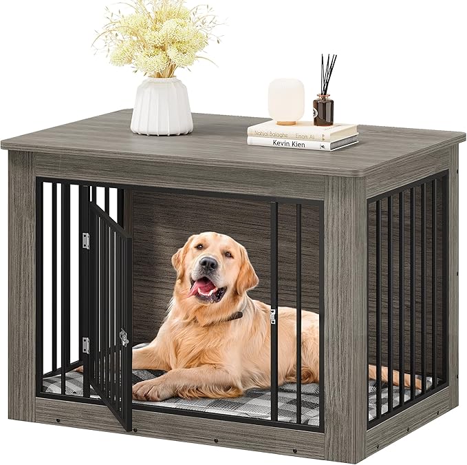 YITAHOME 43.7" L Dog Crate Furniture for Large Dogs, 2-in-1 Iron-Wood Fusion Dog Cage Indoor up to 80 lb, Modern Dogs Kennel Side End Table with Waterproof Top, Safety Corners, Steel Lock, Greige