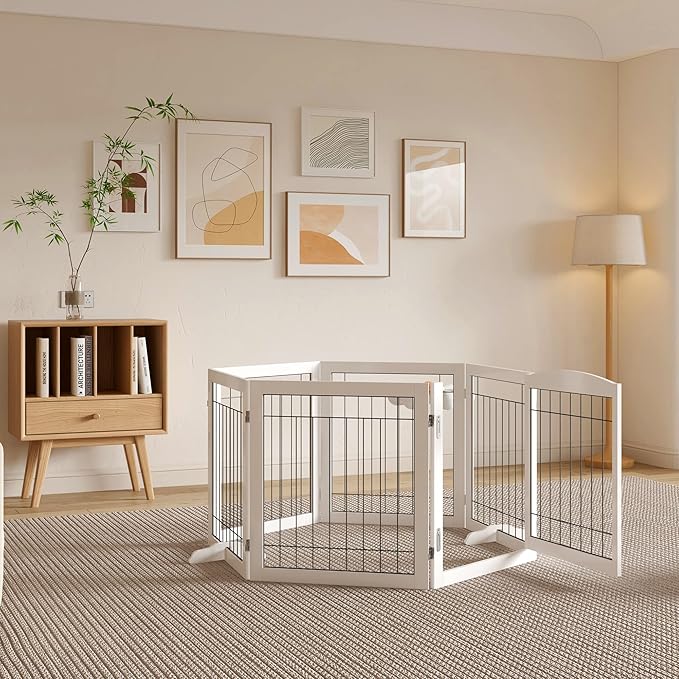 Vantas Folding Pet Gate 144" Wide, 30" Tall No-Assembly Wooden Dog Gate with Door Walk Through, Freestanding Wire Pet Gate, Pet Puppy Safety Fence, with 2PCS Support - White