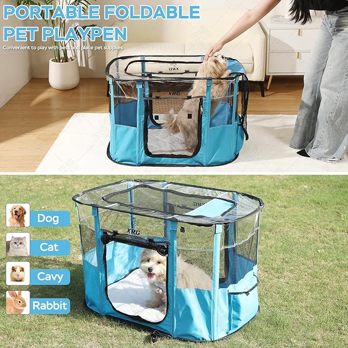 Portable Pet Playpen with Waterproof pad,Collapsible Crates Kennel Playpen for Dog cat and Rabbit &Travel playpen Outdoor or Indoor (Large（35.4" L x 27.6" W x 23.6" H）, Clear Blue)