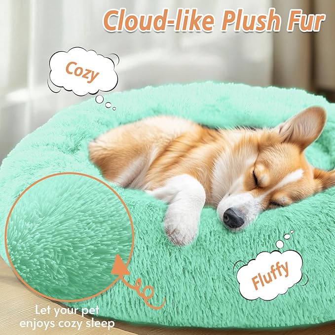 JOLLYVOGUE Calming Dog & Cat Bed for Small Dogs, Anti-Anxiety Donut Cuddler Cozy Soft Round Bed with Anti-Slip Bottom, Fluffy Faux Fur Plush Cushion Beds for Small Medium Pets (20")