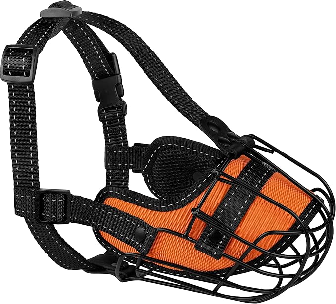 OOPSDOGGY Pitbull Dog Muzzle Reflective Metal Mask Secure Wire Basket Muzzle for Large Sized Dogs Amstaff Soft Cage Muzzle to Prevent Biting Chewing with Adjustable Nylon Straps (Orange, Pitbull)