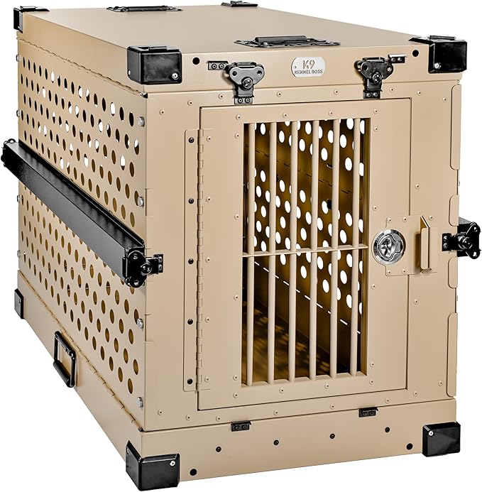 Heavy Duty Fully Collapsible Powder-Coated Aluminum Dog Crate - Medium (Tan)