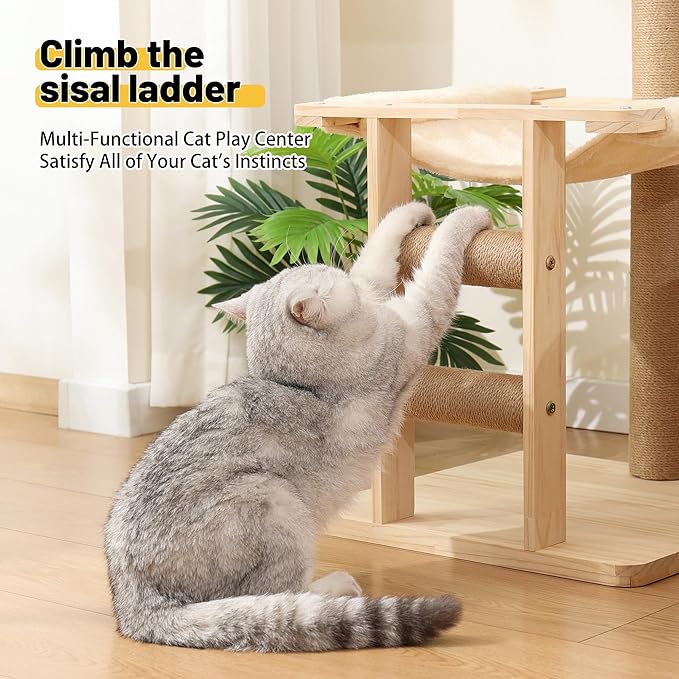 KVIDA Wooden Cat Tree for Large Cats – 35" Extra-Stable 3-Level Tower with Hammock, Oversized Perch & Thick Sisal Posts, Modern Solid Wood Cat Furniture for Indoor Multi-Cat Homes