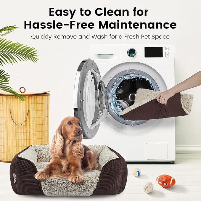 Miguel Washable Dog & Cat Bed with Removable Cushion for Medium & Small Dogs, Easy to Wash Pet Sofa Bed with Side Bolster, Anti-Slip Bottom, Brown, 30 Inch Rectangle