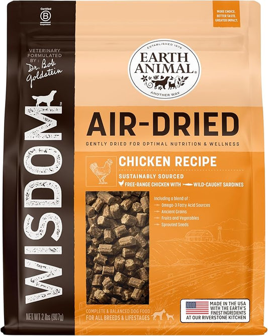 Earth Animal Wisdom Air Dried Dog Food | Chicken Recipe Premium Natural Dog Food | All Breeds & Ages | Made in The USA | 2 Pound Bag