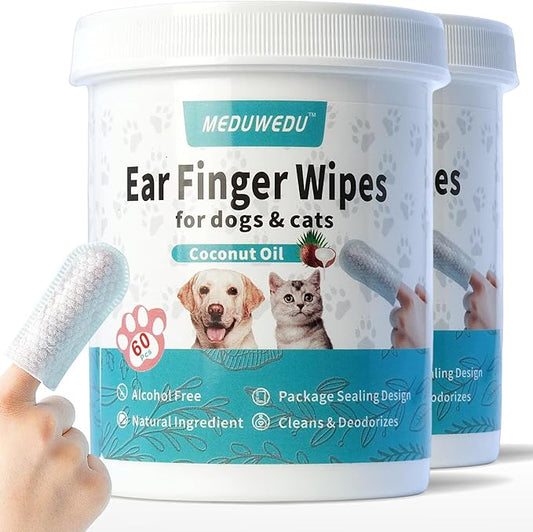 Ear Cleaner Finger Wipes 120 Counts, Dog Ear Cleaner, Grooming Kit Care for Dogs and Cats, Soft & Easy Otic Cleaning Pads, Remove Wax, Dirt & Stop Smelly, Itchy, Non-Irritating, Coconut Scent