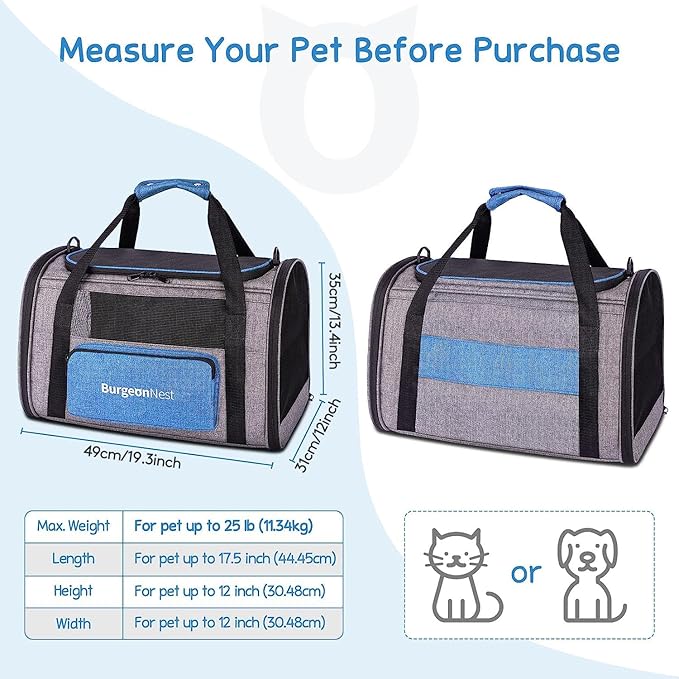 BurgeonNest Cat Carrier for Large Cats 20 lbs, Soft-Sided Pet Carrier for Small Dogs Medium Puppy Under 25 lbs, Puppy Travel Bag with Big Storage Bag, 4 Ventilated Windows, 3 Doors
