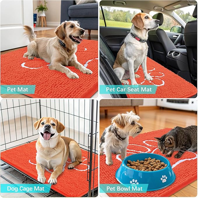 OLANLY Dog Door Mat for Muddy Paws 30x20, Paw Print Design, Absorbs Moisture and Dirt, Absorbent Non-Slip Washable Doormat, Quick Dry Chenille Mud Mat for Dogs, Entry Indoor Entryway Carpet, Coral