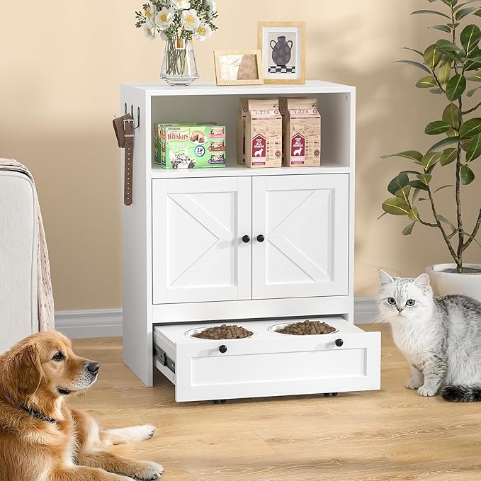 Giluta 32" High Dog Feeding Station with 2 Elevated Bowls, Pet Organizers and Storage Cabinet with 3 Hangers, Pet Feeder Station, Hidden Pet Storage Cabinet for Cats and Dogs