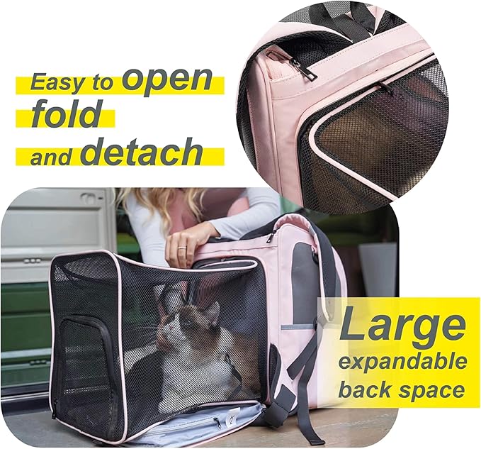 Expandable Pet Carrier, Airline-Approved Foldable and Detachable Backpack, Fits 13lbs Cat&11lbs Small Puppy Dog, for Car Travel,Camping and Emergency Transportation and Shelter (Pink)