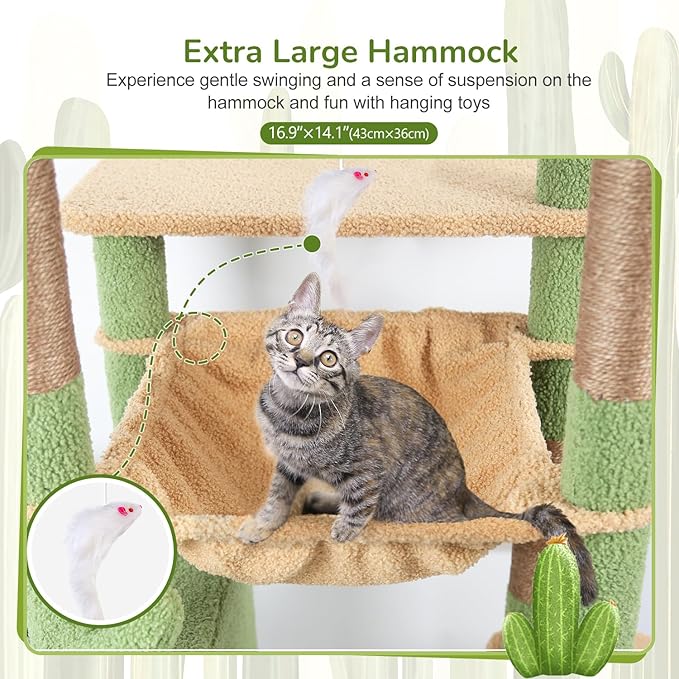 Globlazer Cactus Cat Tree Tower, 70inch Heavy Duty Cat Tree for Indoor Cats Sturdy Large Cat Tower with Scratching Post and Scratching Board, Hammock, Cat Condo for Adult Cats Kittens, F70 Pro, Green