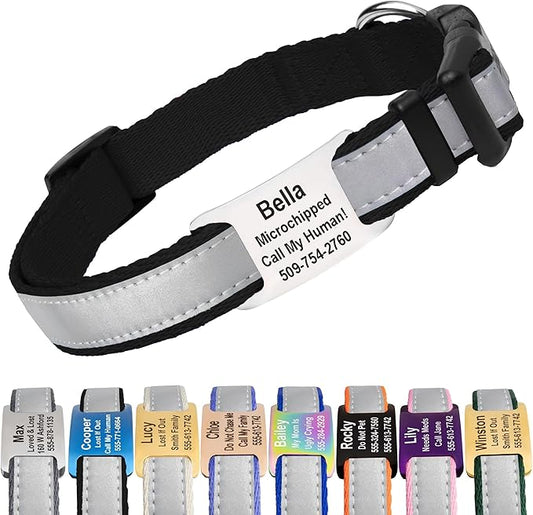 GoTags Reflective Personalized Dog Collar with Nameplate, Adjustable Dog Collar with Custom Engraved Steel Slide On Pet ID Tag, Silent, No Noise Dog Tag for Large Medium or Small (Black, Small)