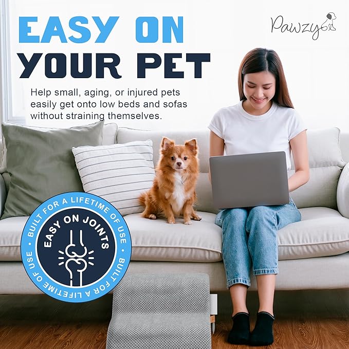 PAWZY Foam Pet Stairs for Small Dogs & Cats – 2-Step Dog Ramp 12” High, Wide Non-Slip Steps for Bed & Couch – Washable Pre-Fitted Cover (no Assembly Required), Waterproof Base – Grey