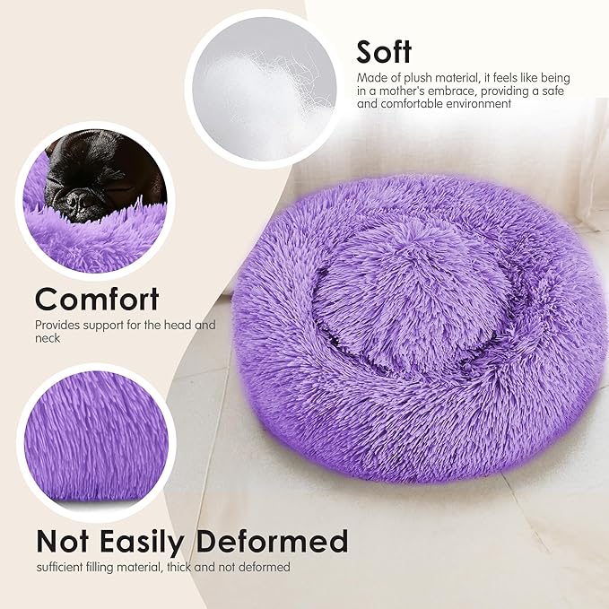 28in Large Dog Bed, Medium Size Dog and Cats, Calming Donut Bed for Puppy and Kitten, Washable Round Fluffy Pet Bed (Purple)