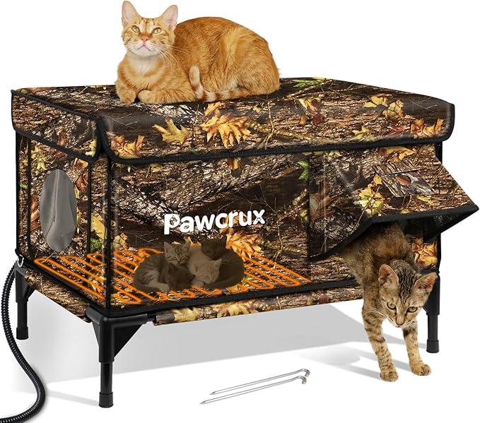 Heated Cat House for Outdoor in Winter, Insulated & Safe Escape Door & Waterproof Heated Cat Bed Shelter with Heating Pad, Warm Home for Outside Feral Barn Stray Kitty(Leaf Color, 17.7"x25.5"x17.9")