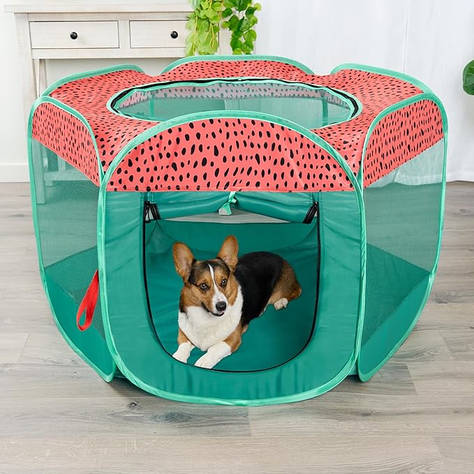 Furhaven Portable Dog Playpen Cat Tent, Pet Playground/Kennel Foldable Indoor Outdoor Zippered Puppy Crate - Green & Pink, Large