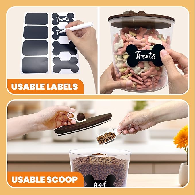 2 Pack Airtight Dog Food Storage Container,Dog Treat Container Dog Treat Jar with Wood Lids 6x5'',Pet Food Storage Container,Cat Food Container with Scoops,Food Tong,Labels,Pen