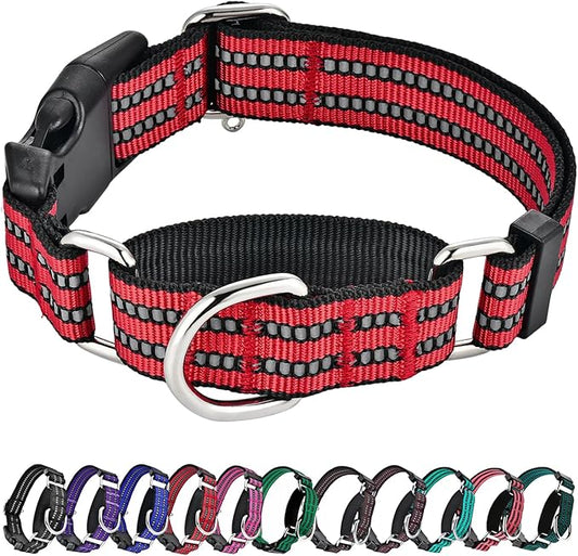 Hikiko Martingale Dog Collars Reflective Nylon Dog Collar with Quick Release Buckle Adjustable Training No Slip Dog Collar (Large, Red)