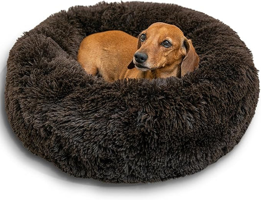 Best Friends by Sheri Original Calming Donut Dog and Cat Bed, Shag Faux Fur, Dark Brown, (23in x 23in) - Anxiety Relief for Pets Up to 25 lbs