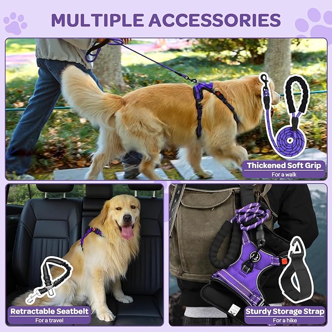 FURRYFECTION Dog Harness | No Pull Dog Harness | Reflective Oxford | Padded Handle | 4 Adjustable Straps | 2 Leash Clips | No Choke Pet Vest Harness for Small Medium Large Dogs | Purple | M