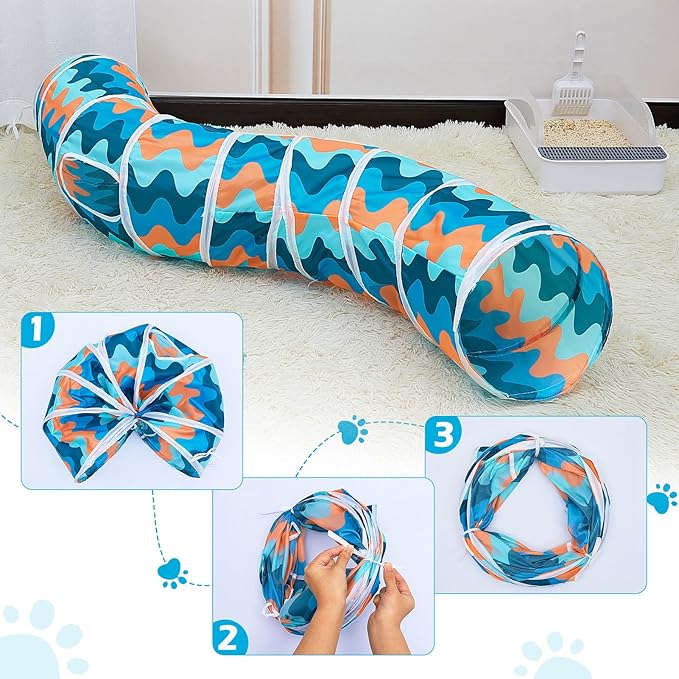 Glittme Cat Tunnel, S-Shape Peekaboo, Foldable Cat Cave with Toys, Tubes & Tunnels for Cats, Rabbits, Guinea Pigs, Dogs, Multiple Colors