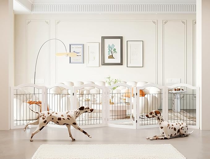 Vantas Folding No-Assembly Dog Door Pet Gate 144" Wide, 30" Tall Wooden Dog Gate with Door Walk Through, Freestanding Wire Pet Gate, Pet Puppy Safety Fence, with 2PCS Support – White