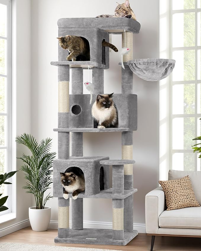Globlazer Corner Cat Tree 66 inch Multi-Level Climbing Tower Kitty Condos Cat Scratching Tower for Indoor Multiple Cats with Large Platform, 3 Cat Caves, F66, Light Grey