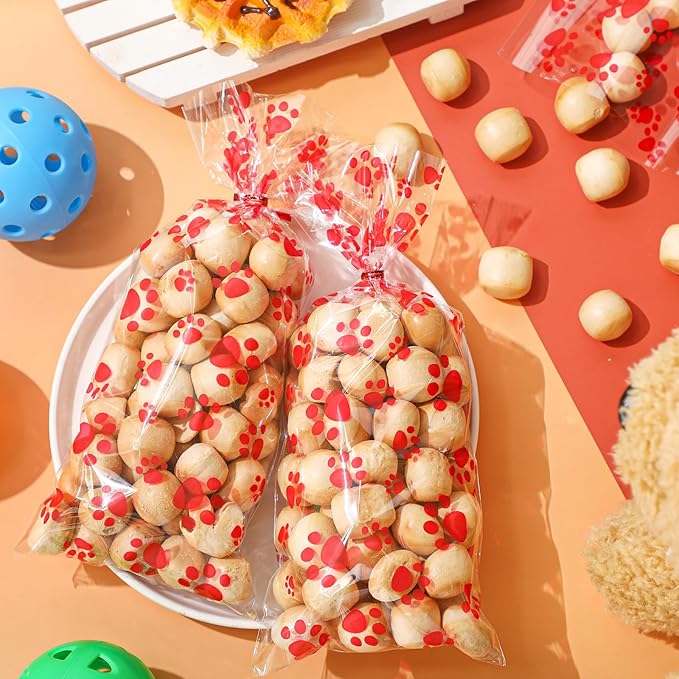Blulu 100 Pieces Dog Treat Bags Puppy Party Favor Pet Paw Cone Cellophane Bags Candy Heat SealableDog Paw Gift with 100 Pieces Silver Twist Ties for Pet Cat Treat Party Favor(Red)