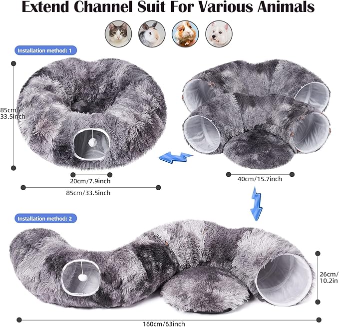 Odoland Cat Tunnel Bed with 20 Cat Toys - Indoor Plush Kitten Couch,Detachable Cats Cave Donut Tunnel & Soft Kitten Toy Set-Cozy Cat Furniture Black