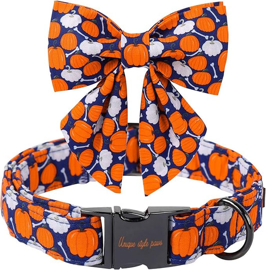 Unique Style Paws Halloween Day Dog Collar with Bowtie Bone Pumpkin Cotton Dog Collars for Small Medium Large Dogs