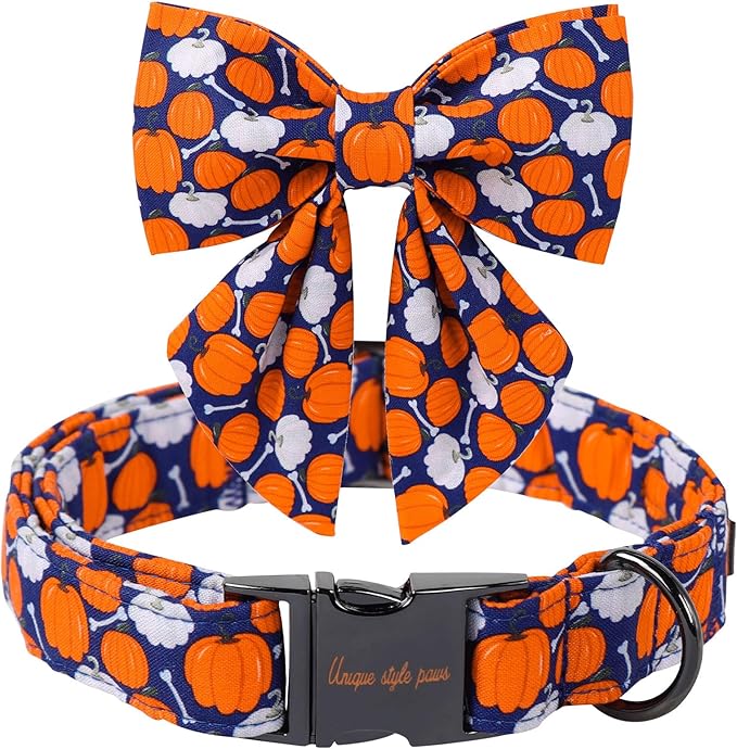 Unique Style Paws Halloween Day Dog Collar with Bowtie Bone Pumpkin Cotton Dog Collars for Small Medium Large Dogs