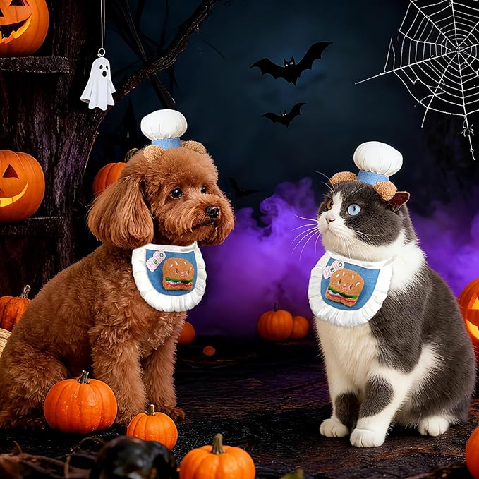 HOWWFALY Cat Halloween Costumes Pet Chef Hat &Hamburger Bib Costume Set, Funny Holiday Cooking Outfit for Small Medium Cats Pets