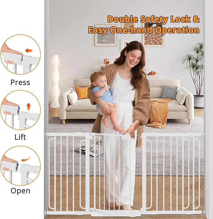 Extra Wide Baby Gate with Door 65.2-69.2 Inch Pressure Mounted, Auto Close Child Baby Gates for Doorways No Drill, Walk Through Dog Gate Indoor for The House, White