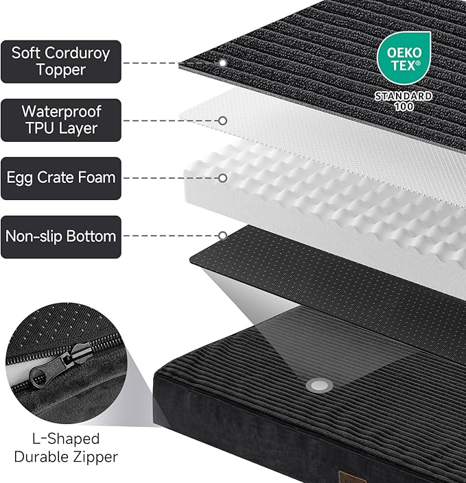 OhGeni Orthopedic Waterproof & Machine Washable Dog Bed for Medium Large Pets, Cat Mat with 25D Egg Crate Foam, Non-Slip Bottom & Removable Cover, 36 Inches(Black)