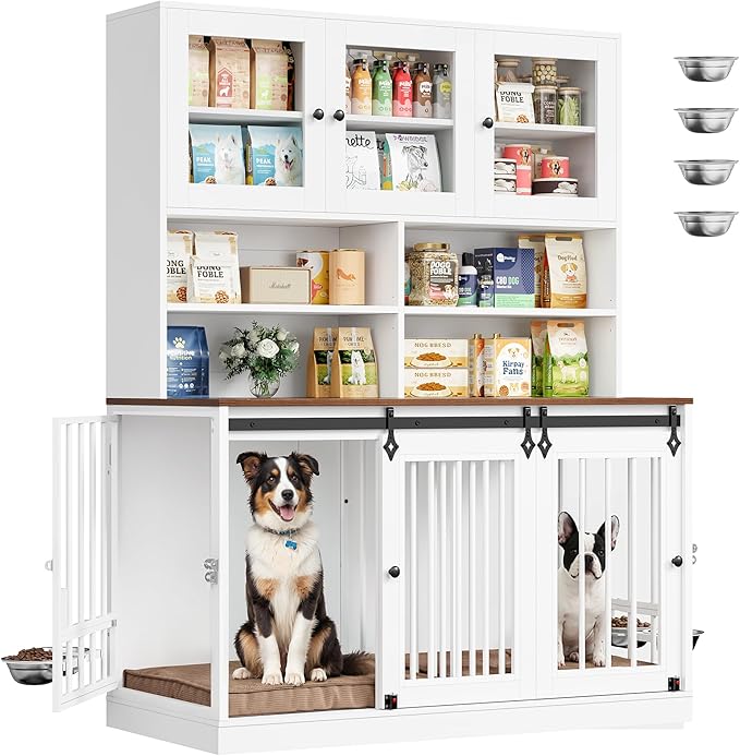 HOSTACK 71" Tall Dog Crate Furniture, 55" W Dog Kennel with Storage Hutch, XL Dog Crate for 2 Dogs with Feeding Bowls, Indoor Heavy Duty Dog Cage with Removable Room Divider, Wooden Pet House, White