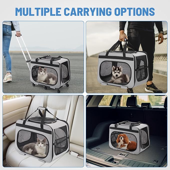 Extra Large Pet Carrier with Wheels for Small Dogs and All-Breed Cats, Cat Rolling Carrier for up to 4 Cats, Support up to 40 Lbs, Grey