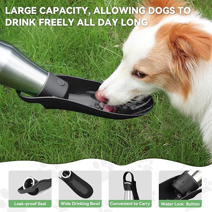 27 OZ Dog Water Bottle Portable Stainless Steel Convenient Pet Water Dispenser, Leak Proof Puppy Travel Water Bowl for Dog Outdoor Walking, Hiking, Perfect Size for All Dog Breeds, Black