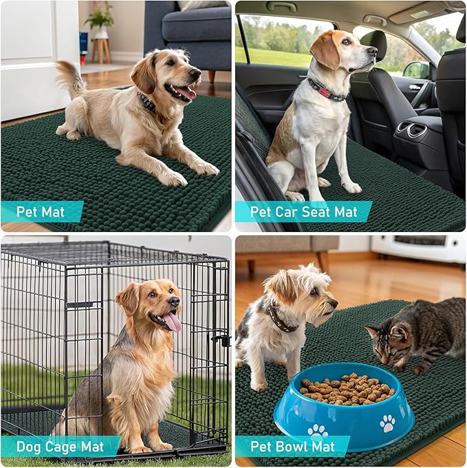 OLANLY Dog Door Mat for Muddy Paws 44x32, Absorbs Moisture and Dirt, Absorbent Non-Slip Washable Doormat, Quick Dry Chenille Mud Mat, Entry Indoor Entryway Carpet for Inside Floor, Blackish Green