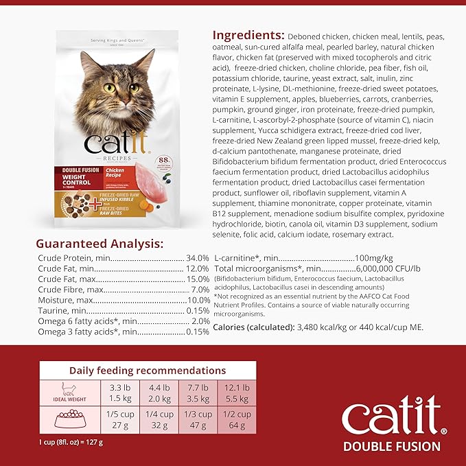 Catit Recipes Double Fusion Weight Control Cat Food – Chicken Recipe, High-Protein, Freeze-Dried Raw Toppings, No by-Products, Minimally Processed, Balanced Nutrition, 4 lb