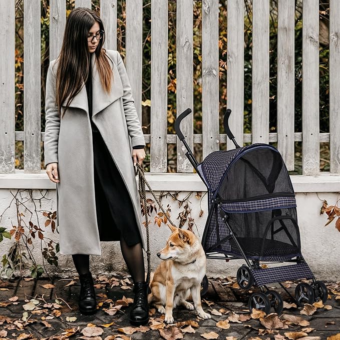 MoNiBloom 4 Wheels Pet Stroller, Easy-Fold Umbrella Shaped Dog Cat Jogger Stroller w/Storage Bag & Visible Mesh for Small/Medium Dogs Cats Plaid